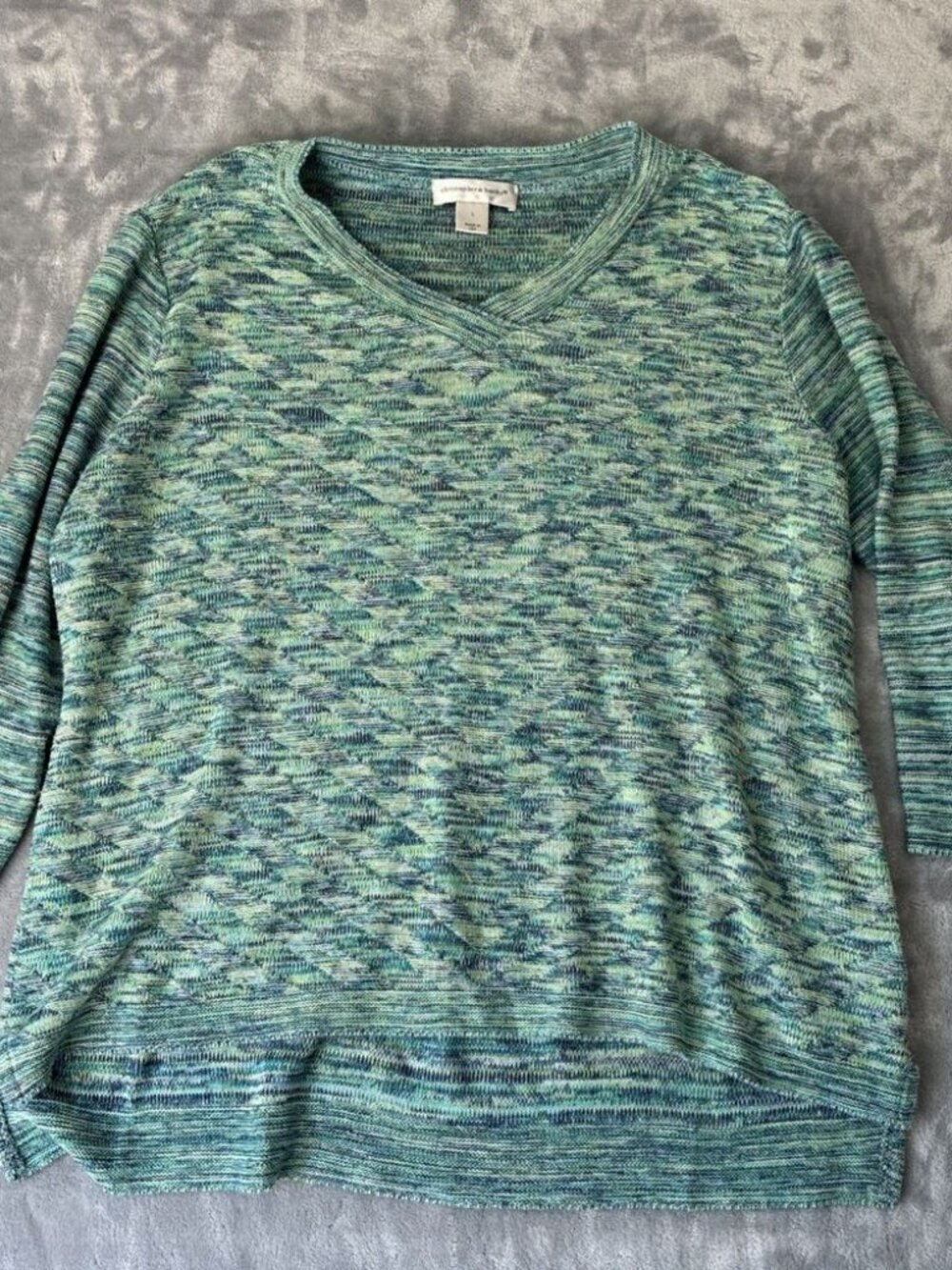 Christopher & Banks 3/4 Sleeve Aqua/White Cotton V-neck Sweater - Women’s XL